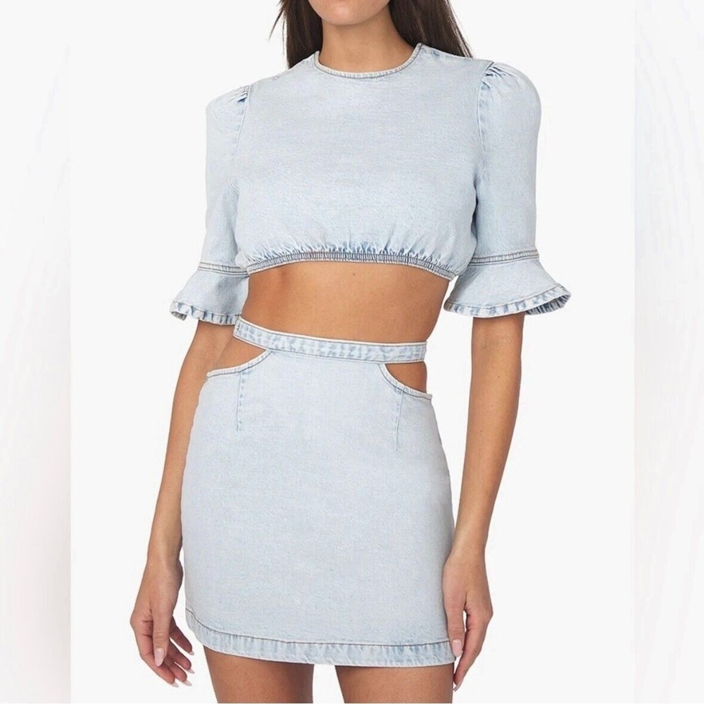 weworewhat cut out mini skirt indigo comfort light wash denim women medium